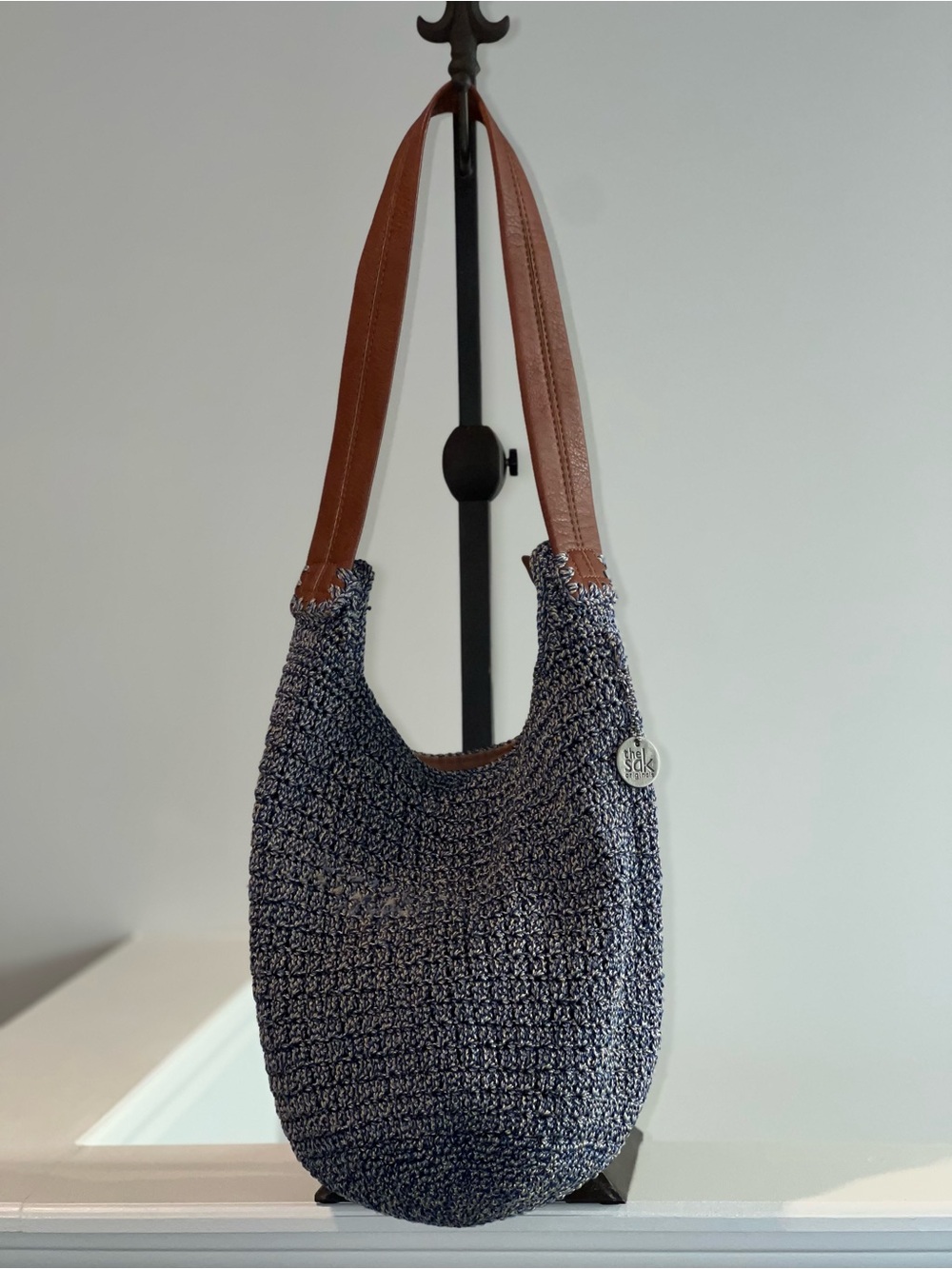 The Sak Originals Blue Crochet Knit Hobo Shoulder Bag Faux Leather Straps